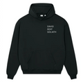 Black hoodie with 'DAVID BEAT GOLIATH' text on a white background