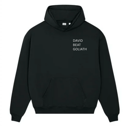 Black hoodie with 'DAVID BEAT GOLIATH' text on a white background